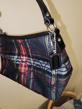 Coach Black Plaid Shoulder Bag with Red and Yellow Stripes